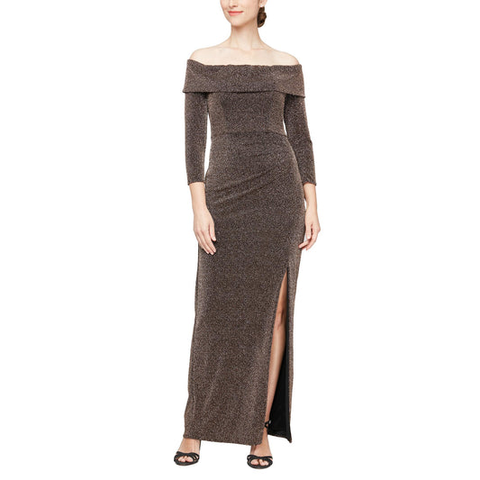 Alex Evenings Off-The-Shoulder Long Sleeve Leg Slit Dress  Color Black/Copper Size 10
