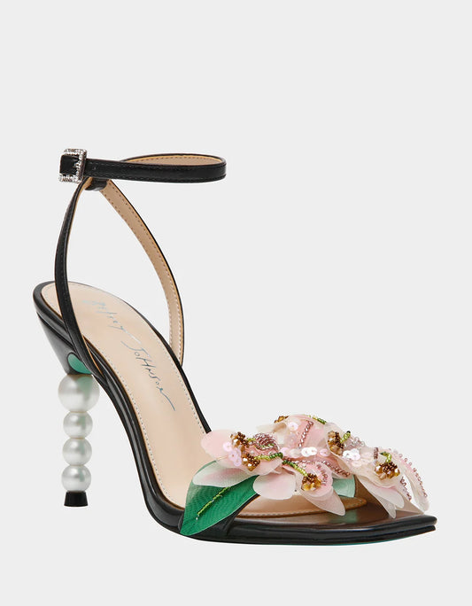 Betsey Johnson Women's Kasie Flower Pearls Embellished Heeled Sandals  Black Size 7