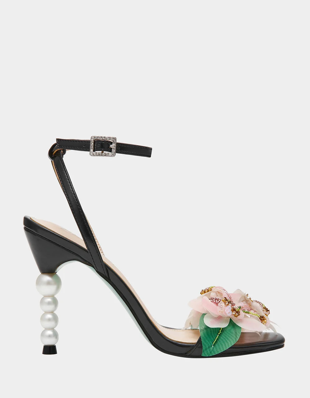 Betsey Johnson Women's Kasie Flower Pearls Embellished Heeled Sandals  Black Size 7
