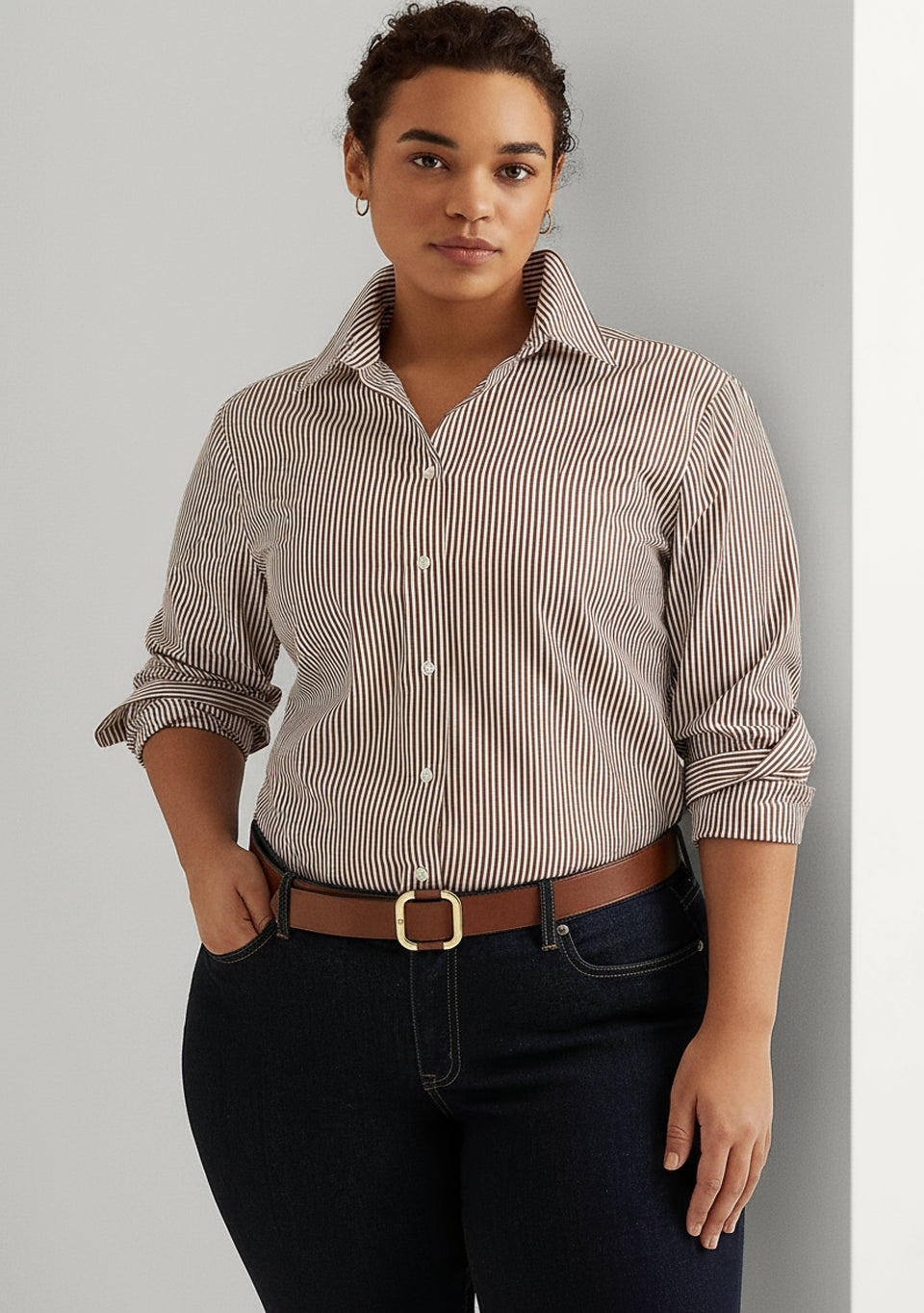 Lauren Ralph Lauren Women's Plus Size Striped Poplin Shirt  Brown/White Size 3X