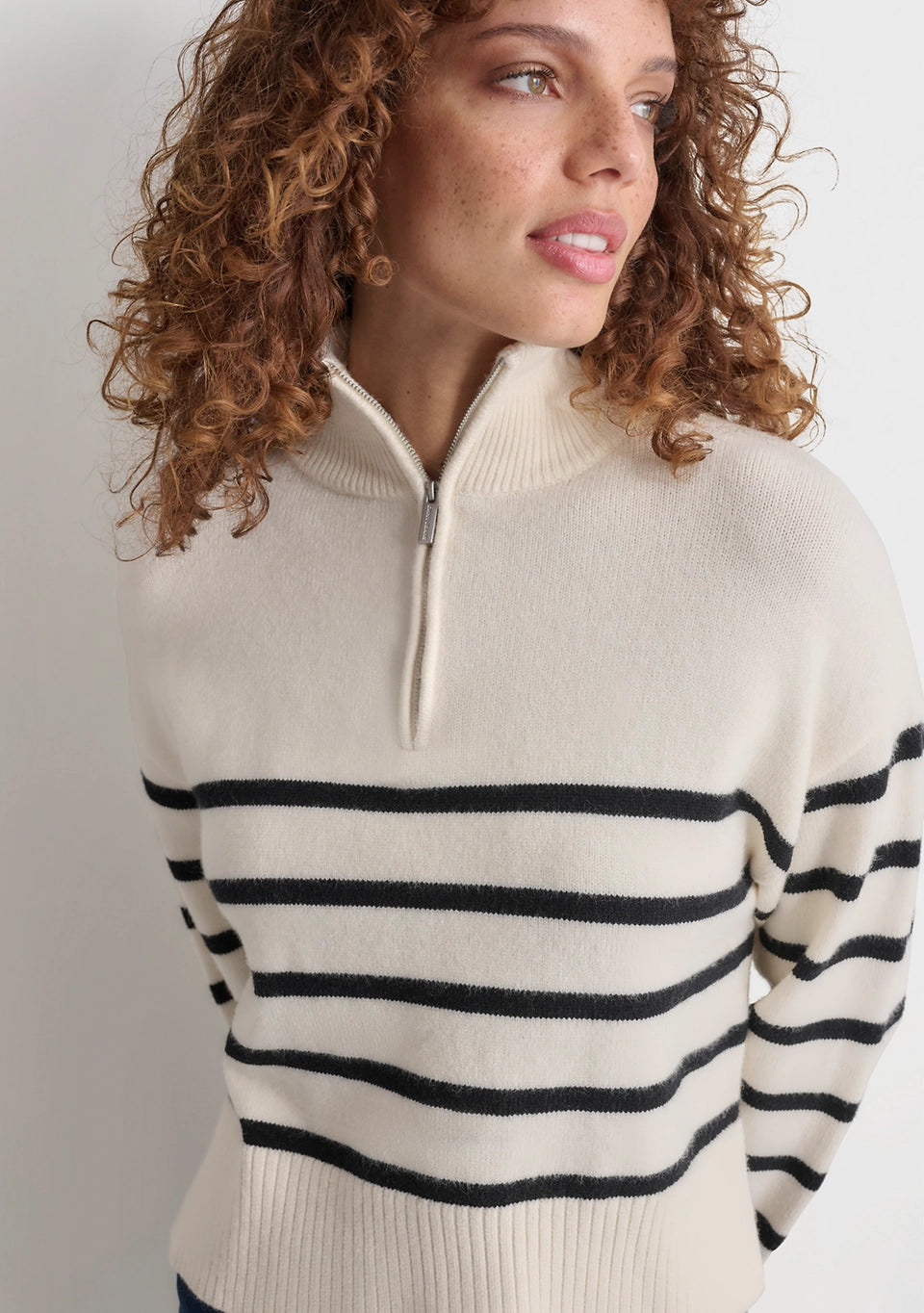 DKNY Jeans Women's Long Sleeve 1/4 Zip Striped Sweater  Eggnod/Black Size XL