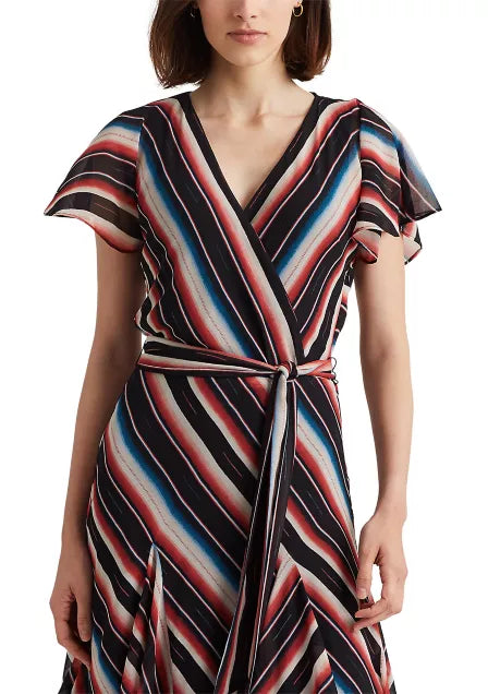 Lauren Ralph Lauren Women's Blanket-Stripe Georgette Dress Color Polo Black Multi Size 0