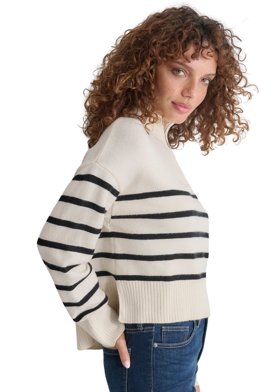 DKNY Jeans Women's Long Sleeve 1/4 Zip Striped Sweater  Eggnod/Black Size XL