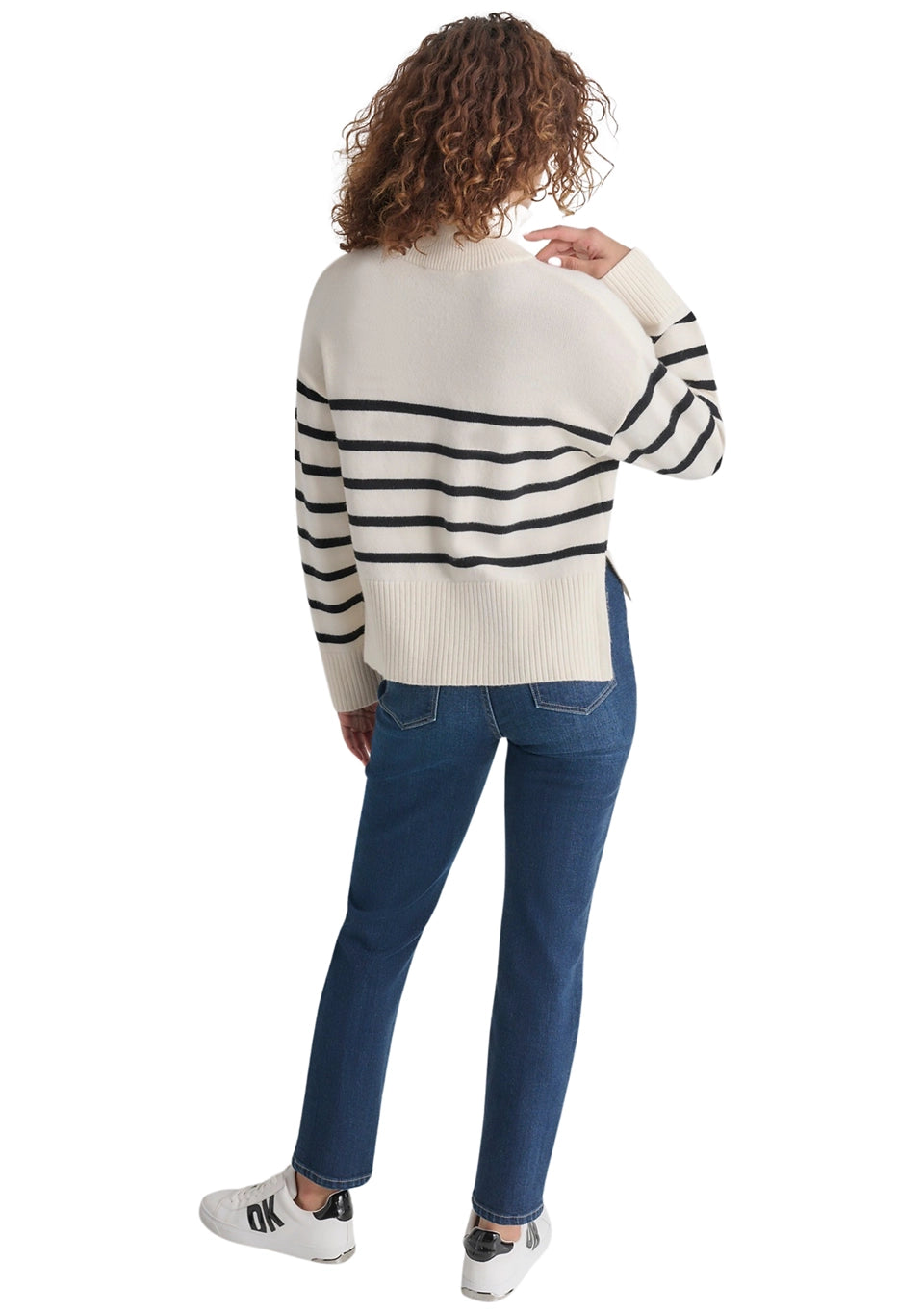 DKNY Jeans Women's Long Sleeve 1/4 Zip Striped Sweater  Eggnod/Black Size XL