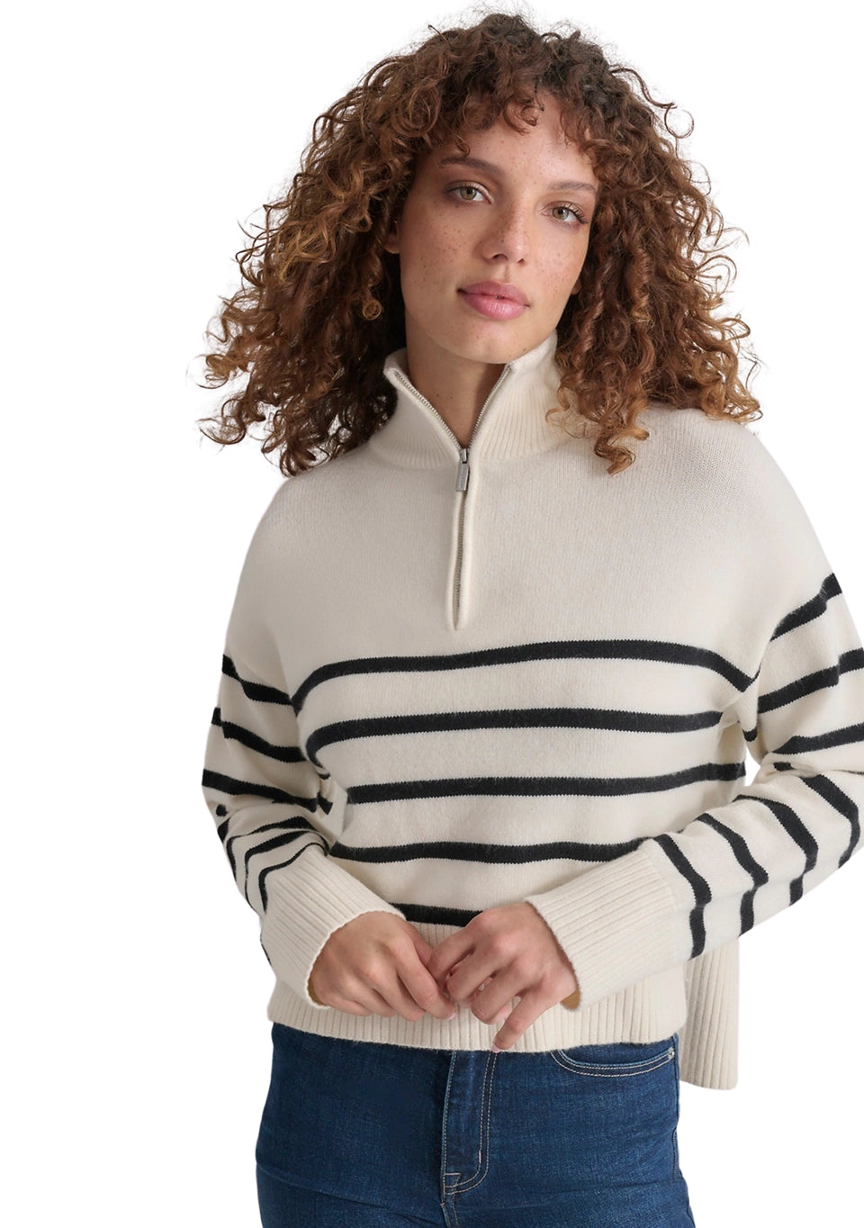 DKNY Jeans Women's Long Sleeve 1/4 Zip Striped Sweater  Eggnod/Black Size XL