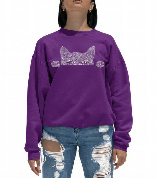 LA Pop Art Women's Word Art Peeking Cat Sweatshirt  Color Purple Size M