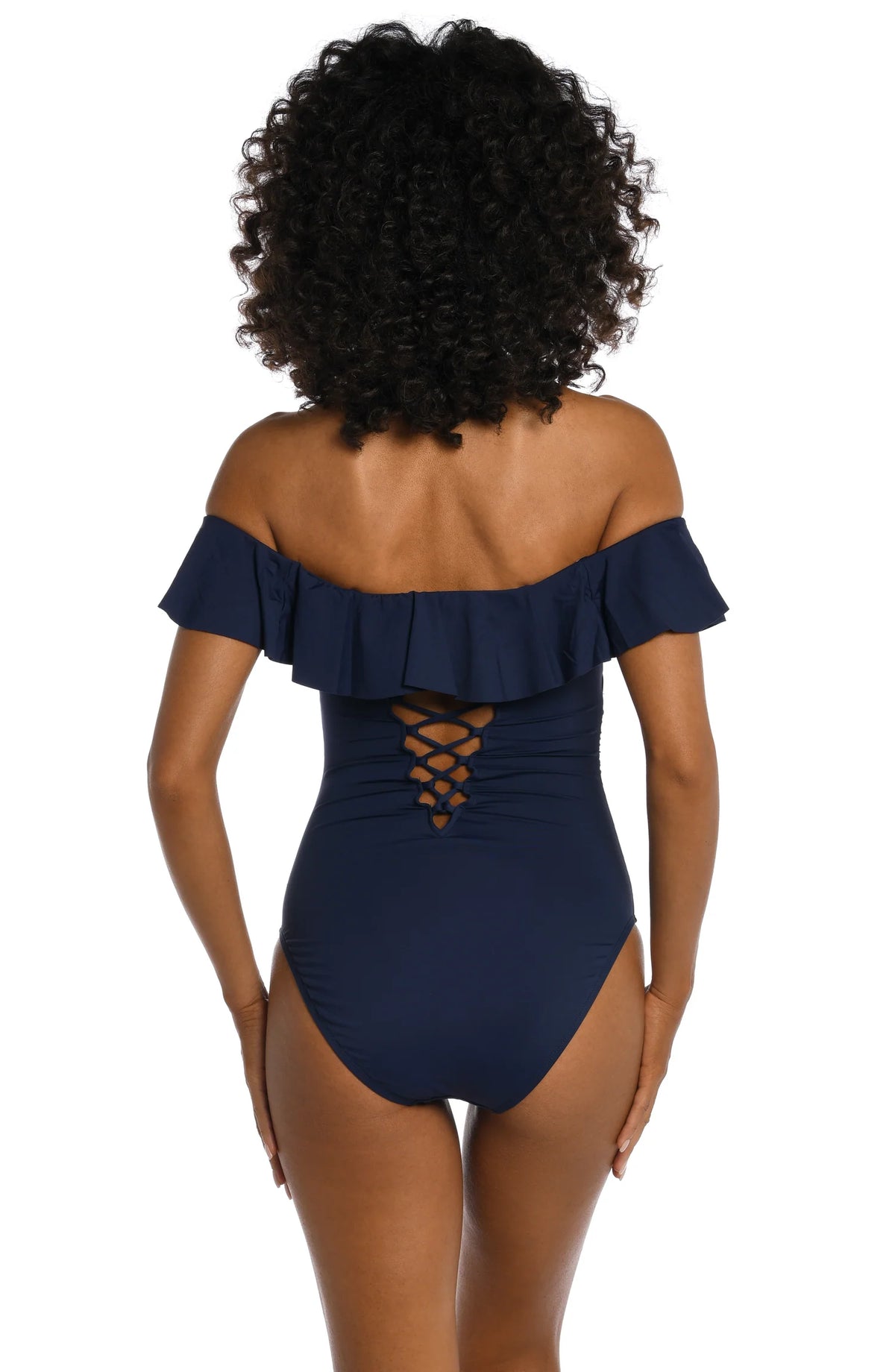 La Blanca Island Goddess Off Shoulder Ruffle One Piece Swimsuit  Indigo Size 10