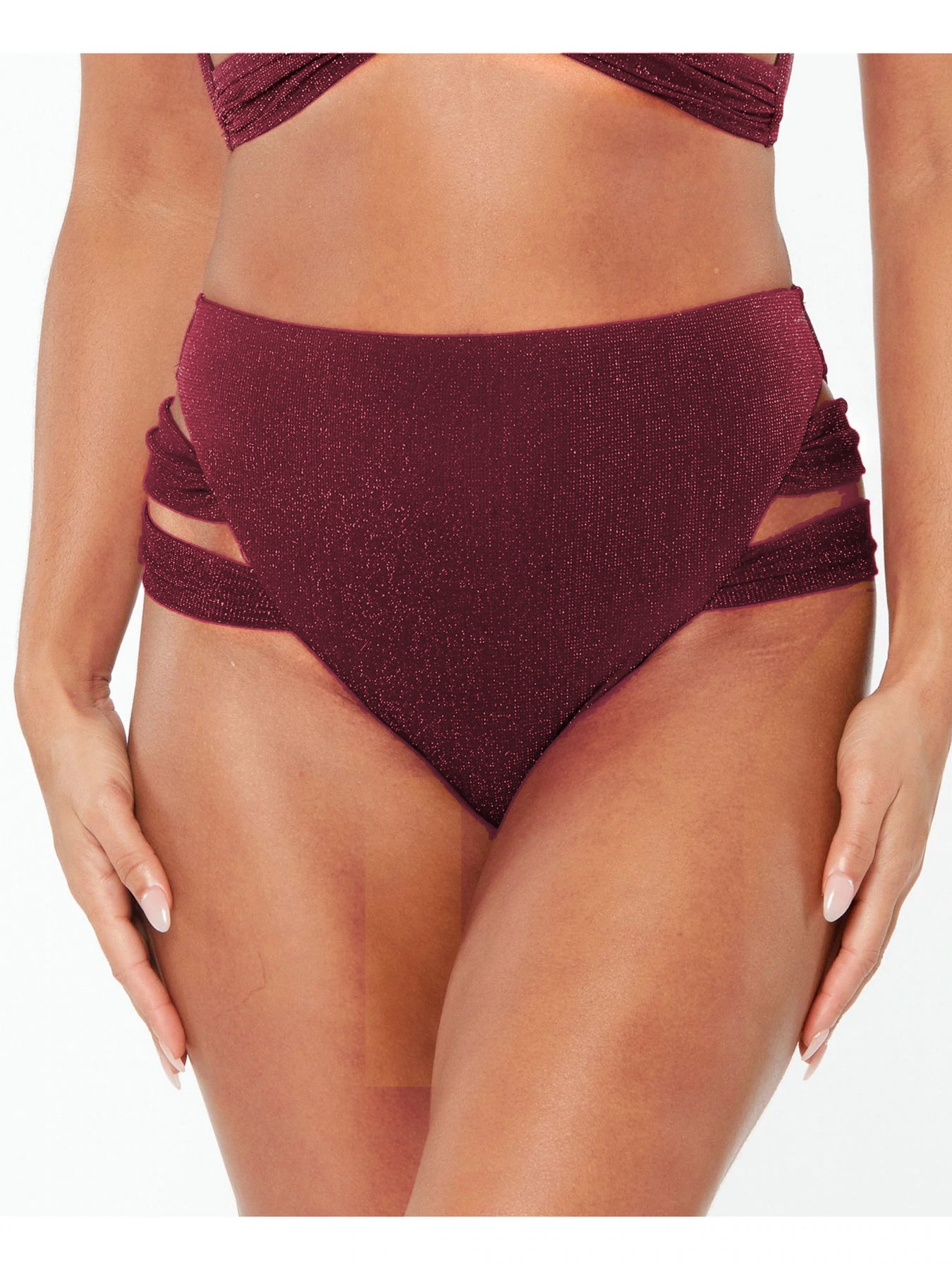 BAR III Shimmer High Waisted Swimsuit Bottoms  Color Burgundy Size XL