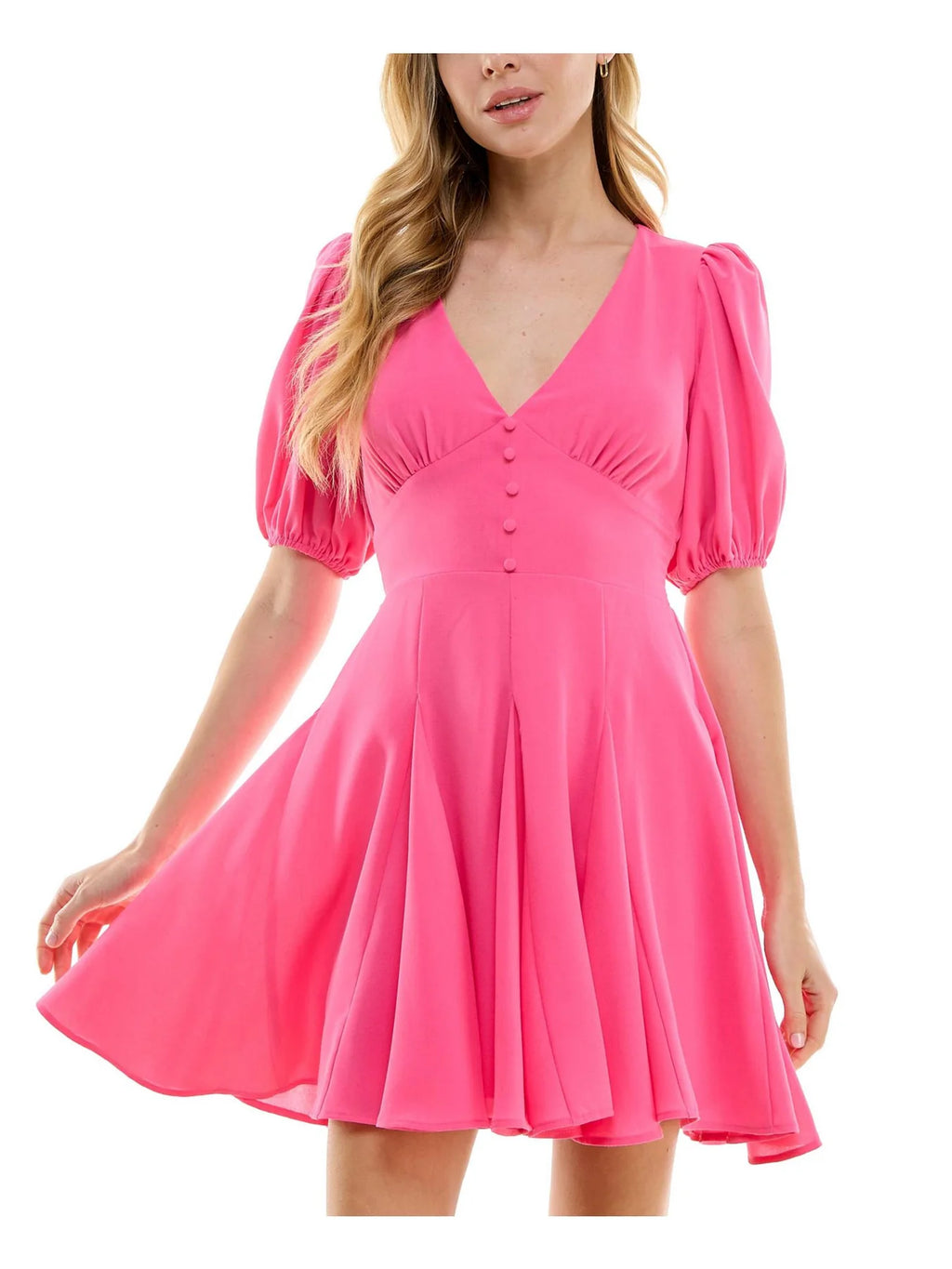 City Studios Juniors Deep-V-Neck Faux Buttons Fit & Flare Dress  Fuchsia Size S