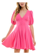 City Studios Juniors Deep-V-Neck Faux Buttons Fit & Flare Dress  Fuchsia Size S