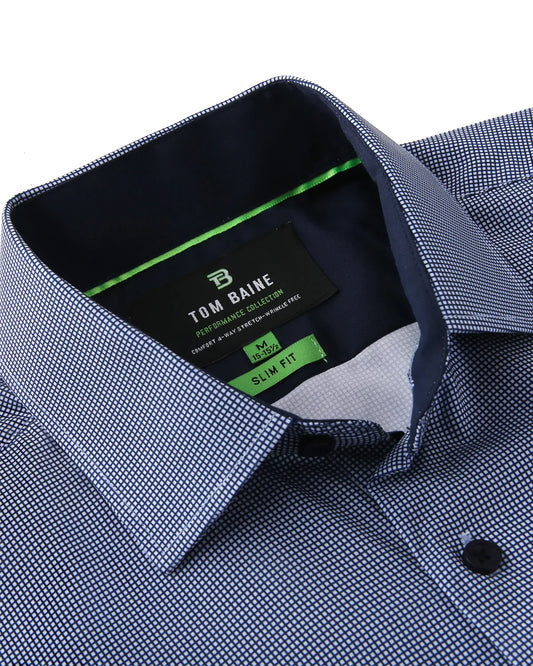 Tom Baine Men's Slim Fit Performance Long Sleeve Mini Plaid Shirt   Navy Size L