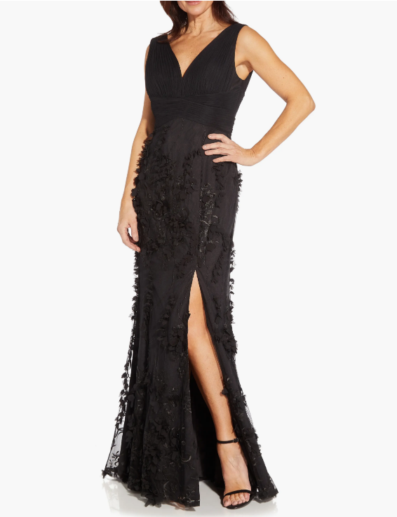 Aidan Mattox by Adrianna Papell Embroidered Mesh Trumpet Gown  Black Size 8