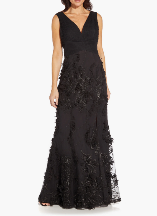 Aidan Mattox by Adrianna Papell Embroidered Mesh Trumpet Gown  Black Size 8