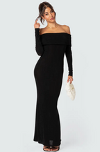 Edikted Susan Off the Shoulder Long Sleeve Maxi Dress  Black Size L