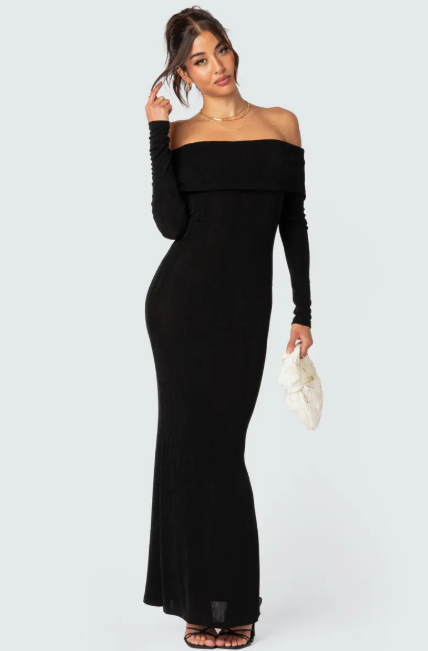 Edikted Susan Off the Shoulder Long Sleeve Maxi Dress  Black Size L
