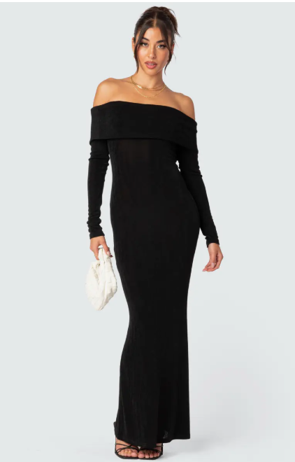 Edikted Susan Off the Shoulder Long Sleeve Maxi Dress  Black Size L