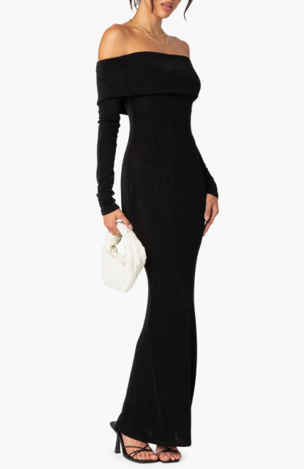 Edikted Susan Off the Shoulder Long Sleeve Maxi Dress  Black Size L