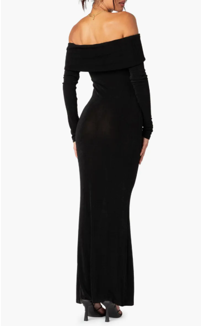 Edikted Susan Off the Shoulder Long Sleeve Maxi Dress  Black Size L