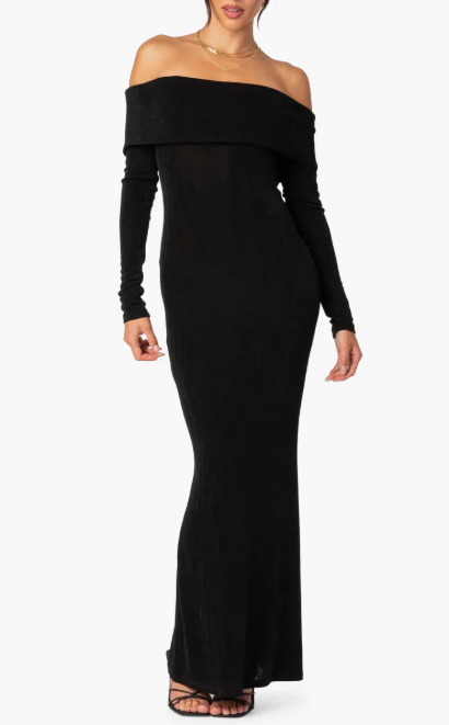 Edikted Susan Off the Shoulder Long Sleeve Maxi Dress  Black Size L