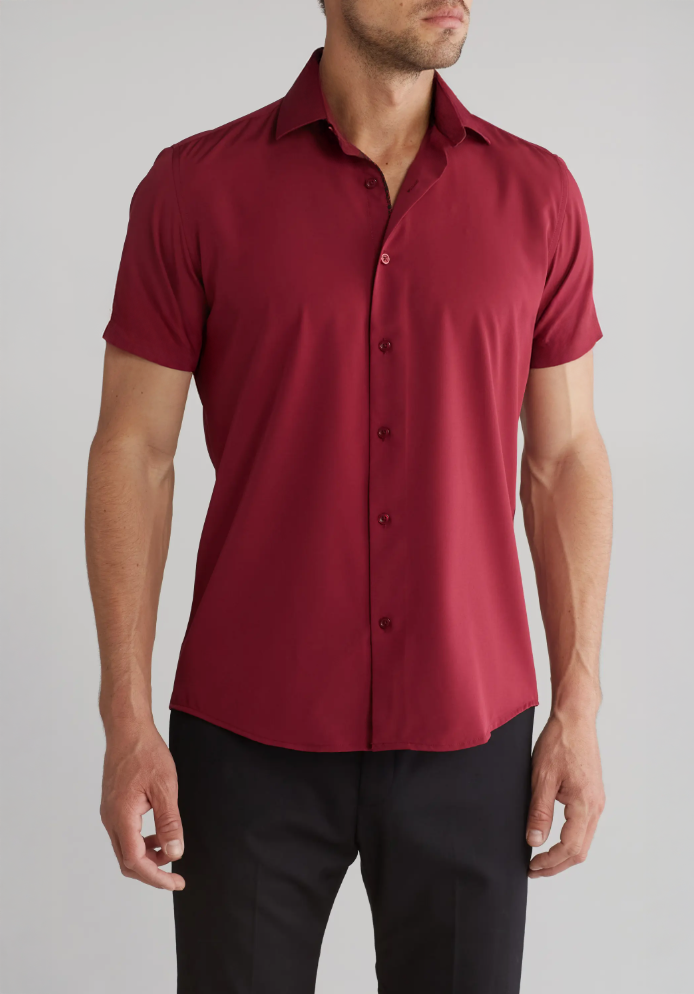 Tom Baine Men's Slim Fit Short Sleeve Button-Up Shirt  Burgundy Size XL 17/17.5