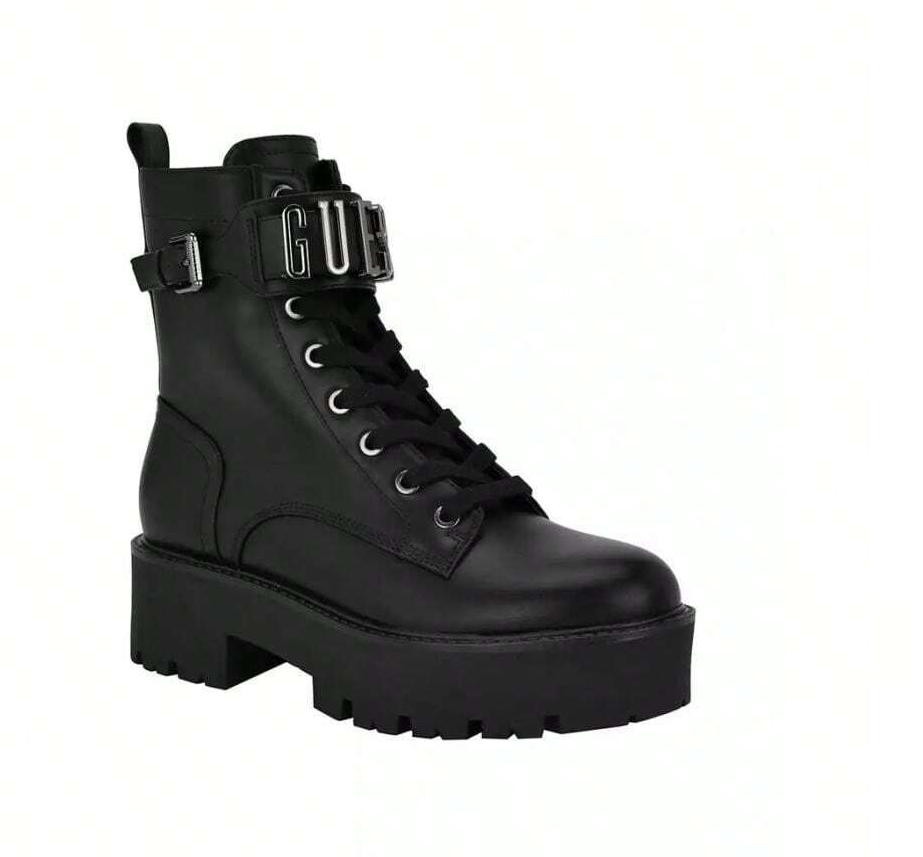 GUESS Women's Vaires Lug Sole Lace Up Combat Booties  Black Size 9.5