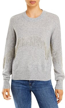 Aqua Women's Rhinestone Cashmere Fringe Sweater  Color Gray Size S