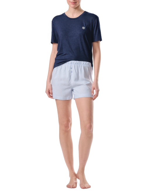 Tommy Hilfiger Women's 2-Pc. T-Shirt & Boxer Pajamas Set  Navy Sleet Stripe Size L