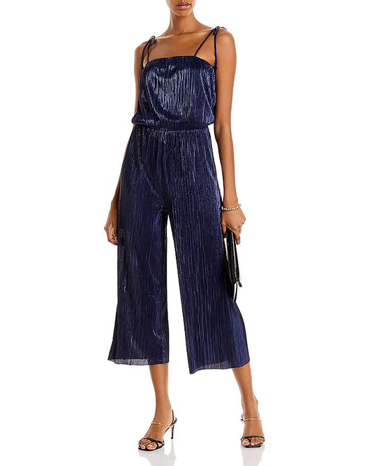 AQUA Women's Halter Cropped Shine Jumpsuit  Color Navy Size L