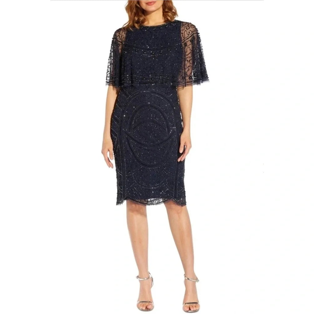 Adrianna Papell Women's Embellished Capelet Dress  Light Navy Size 14