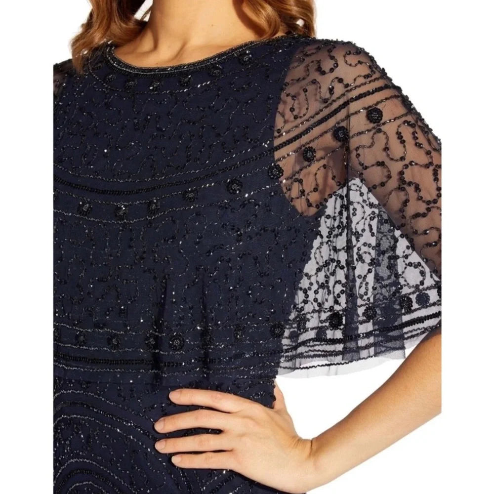 Adrianna Papell Women's Embellished Capelet Dress  Light Navy Size 14