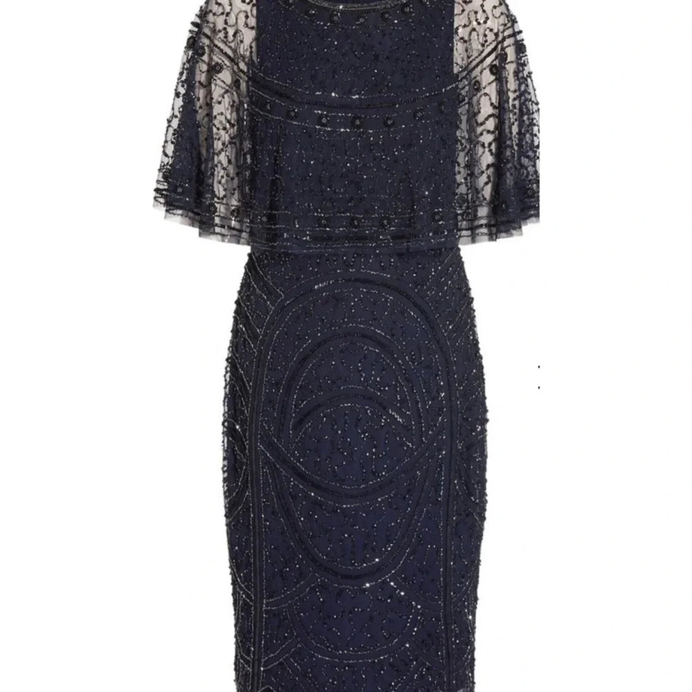 Adrianna Papell Women's Embellished Capelet Dress  Light Navy Size 14