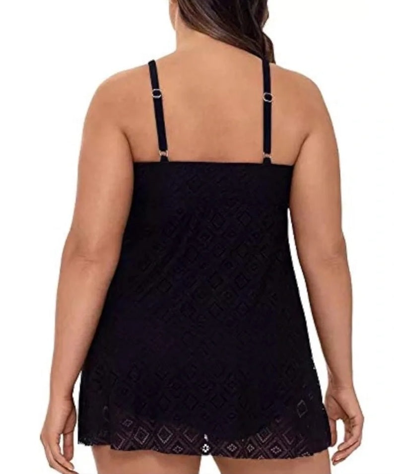 Swim Solutions Plus Size Crochet Flyaway Tummy Control Swimdress  Black Size 24W