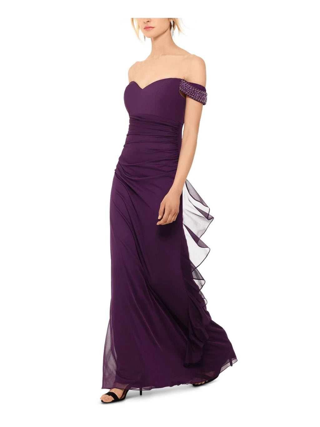 Betsy & Adam Sleeveless Off Shoulder Maxi Sheath Evening Dress Color Purple Size 16