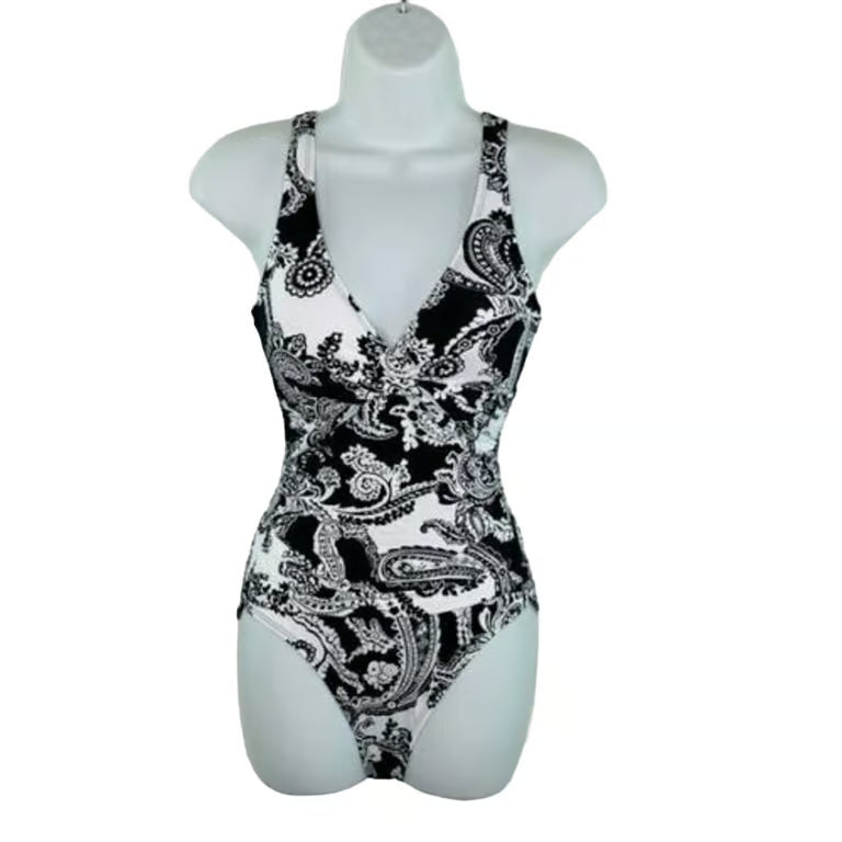 LAUREN RALPH LAUREN Tummy-Control Underwire One-Piece Swimsuit  Black Paisley Size 6