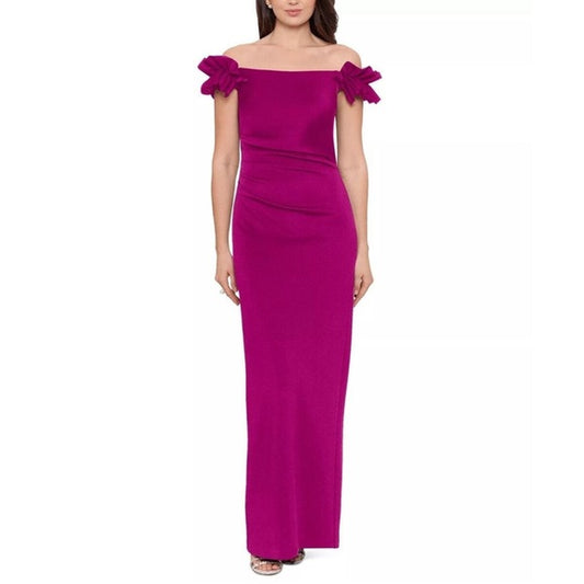 XSCAPE Ruffled Ruched Off-The-Shoulder Gown  Color Orchid Size 8