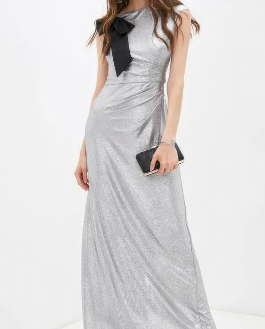 Lauren Ralph Lauren Bow-Trim Metallic Gown  Color Dark Gray/Silver Size 12