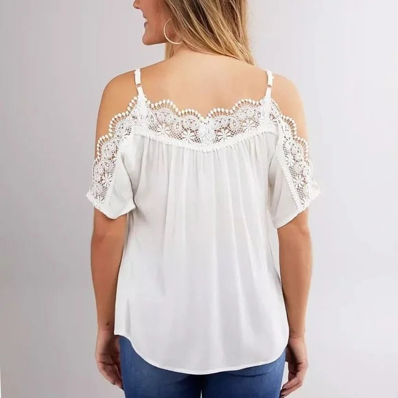 Kingston Grey Juniors Lace-Trim Cold-Shoulder Top  Color Ivory Size M