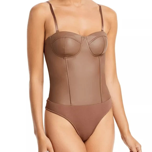 Aqua Women's Faux Leather Bustier Bodysuit  Color Taupe Size L