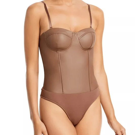 Aqua Women's Faux Leather Bustier Bodysuit  Color Taupe Size L