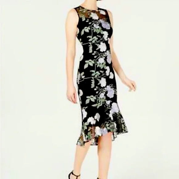 Calvin Klein Women's Embroidered Floral Print Sheath Dress  Black Size 8