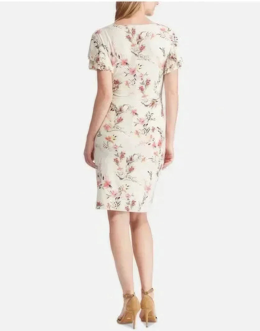 Lauren Ralph Lauren Petite Latoya Floral Ruffle Sleeve Party Dress  Color Cashew/Pink Size 4P