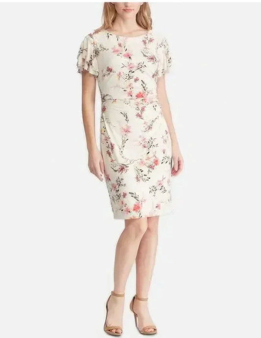 Lauren Ralph Lauren Petite Latoya Floral Ruffle Sleeve Party Dress  Color Cashew/Pink Size 4P