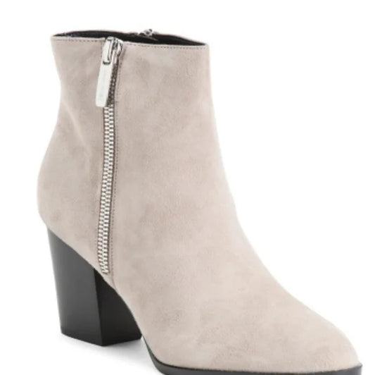 Nine West Women's Niomi Stacked Heel Bootie   Color Gray Suede Size 8.5M