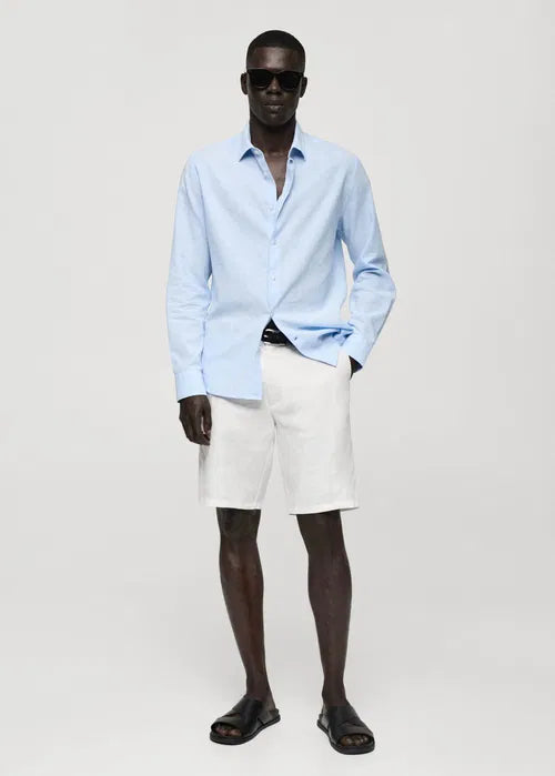 MANGO Men's Regular-Fit Striped Cotton-Linen Shirt  Baby Blue Size M