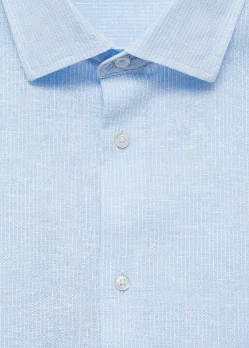 MANGO Men's Regular-Fit Striped Cotton-Linen Shirt  Baby Blue Size M