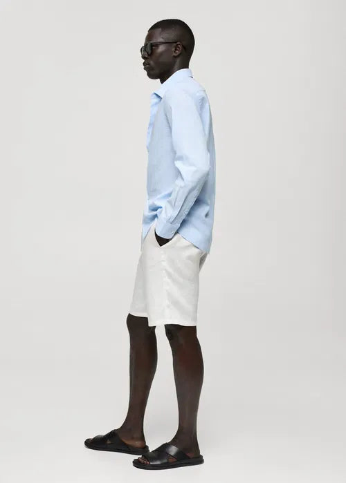 MANGO Men's Regular-Fit Striped Cotton-Linen Shirt  Baby Blue Size M