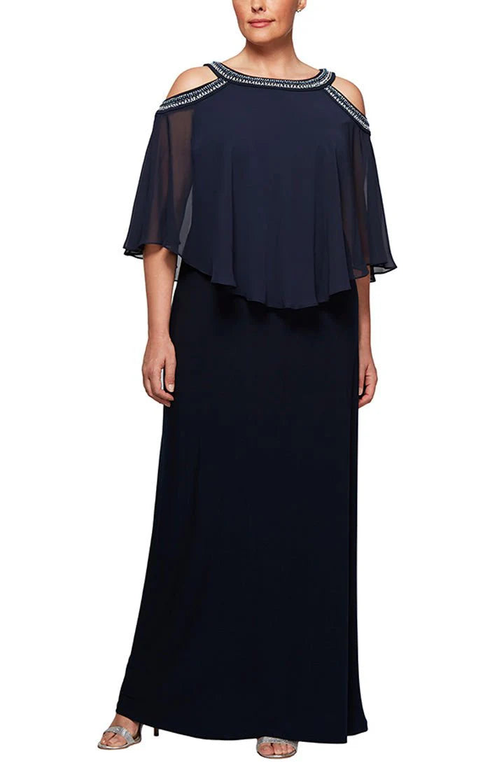 Alex Evenings Plus Size Beaded Cold-Shoulder Gown  Color Navy Size 16W