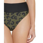 DKNY Printed High-Waist Bikini Bottoms  Color Block Leopard Moss Green Size L