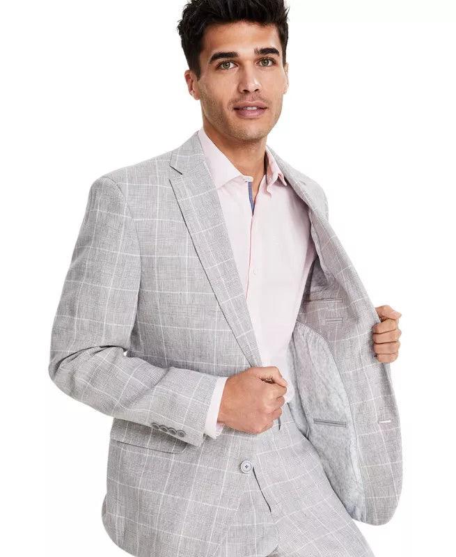 Bar III Men's Slim-Fit Linen Suit Jacket  Color Grey Plaid Size 40R