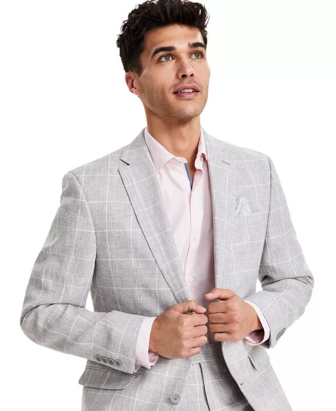 Bar III Men's Slim-Fit Linen Suit Jacket  Color Grey Plaid Size 40R